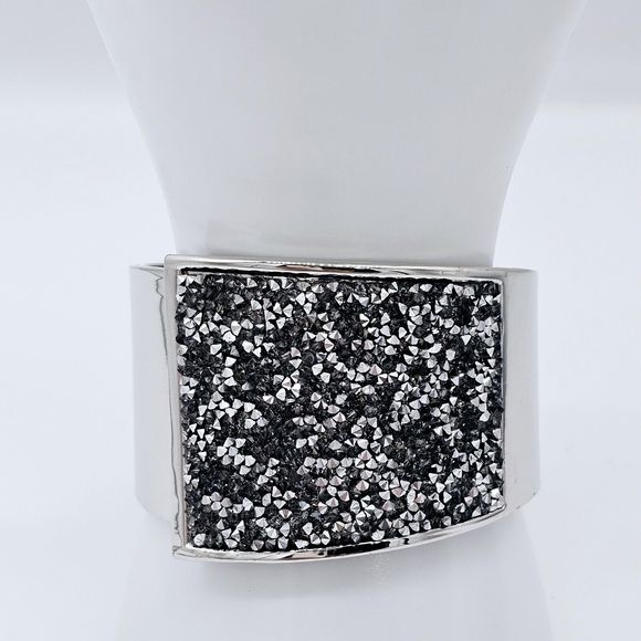 INC Cuff Bracelet Clamper Faux Druzy Rhinestone Wide Black Silver Tone Statement - Picture 2 of 9